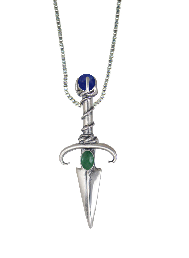 Sterling Silver Black Prince's Knife Dagger Pendant With Jade And Sodalite